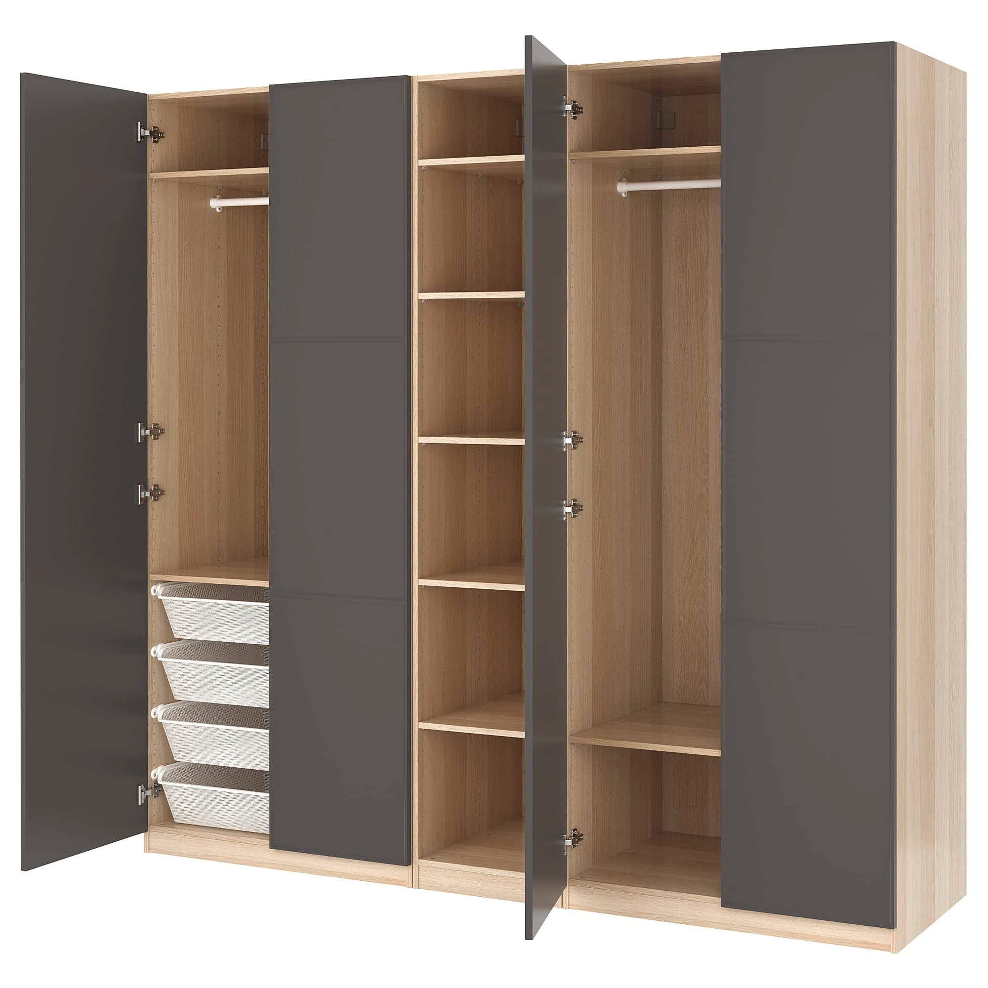 IKEA Pax/MERÅKER Wardrobe, 250x60x236 cm, White Stained Oak Effect/Dark Grey