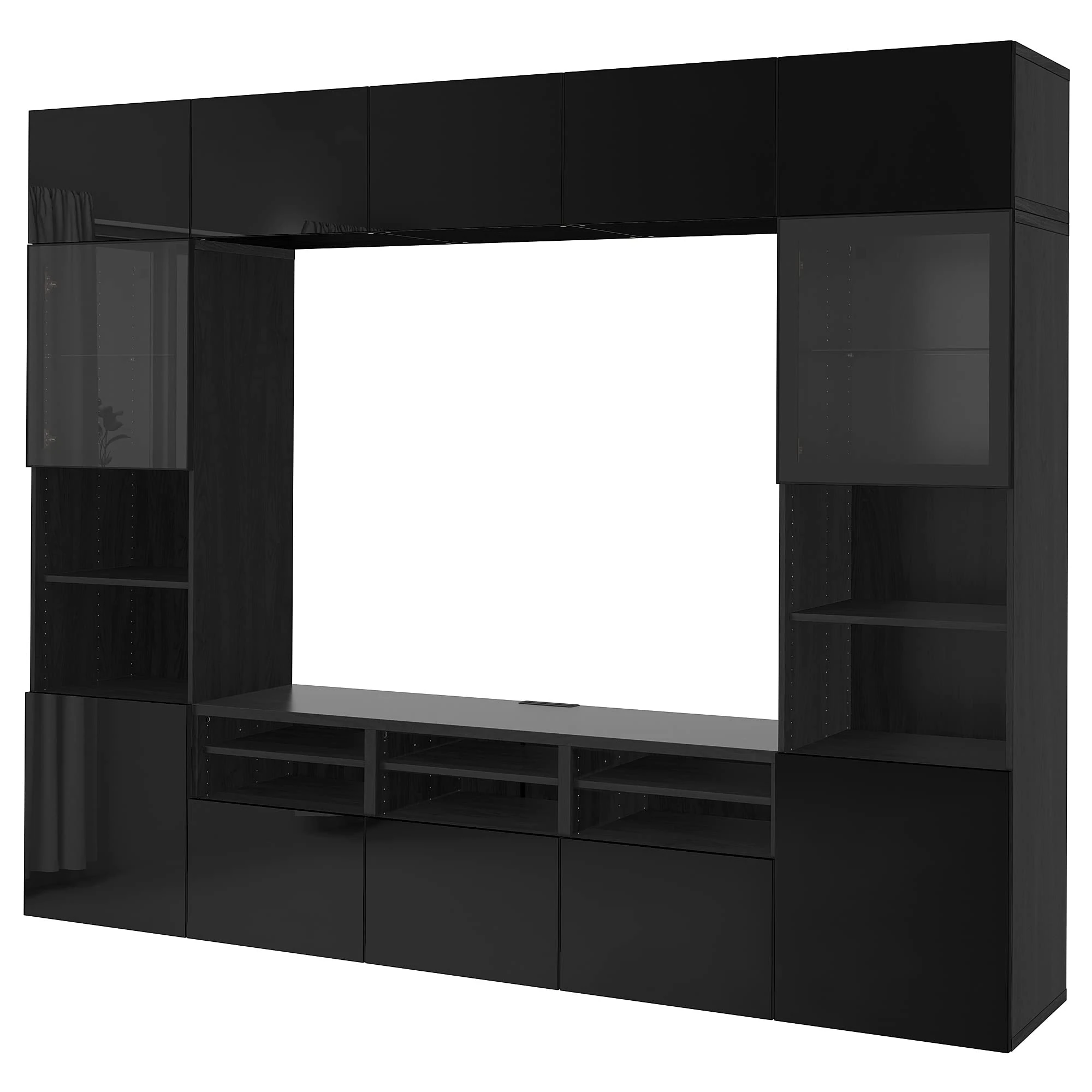 IKEA BESTÅ TV Storage Combination/Glass Doors, 300x42x231 cm, Black-Brown/Selsviken high-Gloss/Black Clear Glass