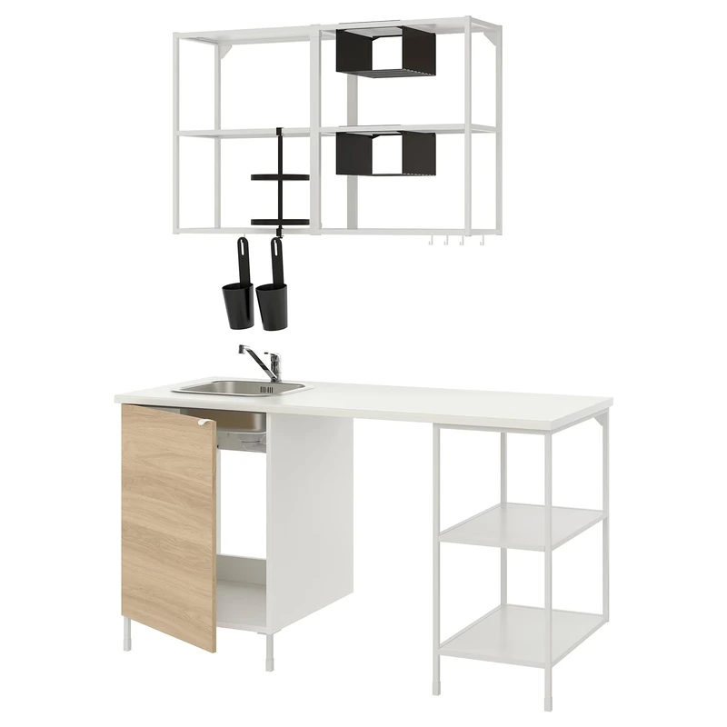 IKEA ENHET Kitchen Unit - White/Oak Effect, 163x63.5x222 cm