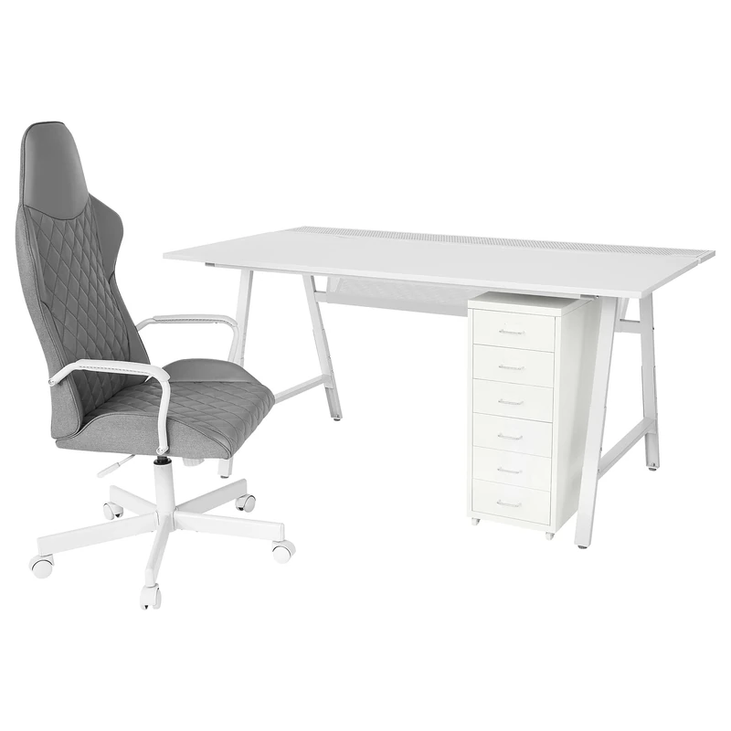 IKEA Helmer/UTESPELARE Desk, Chair & Drawer Unit - Light Grey/White