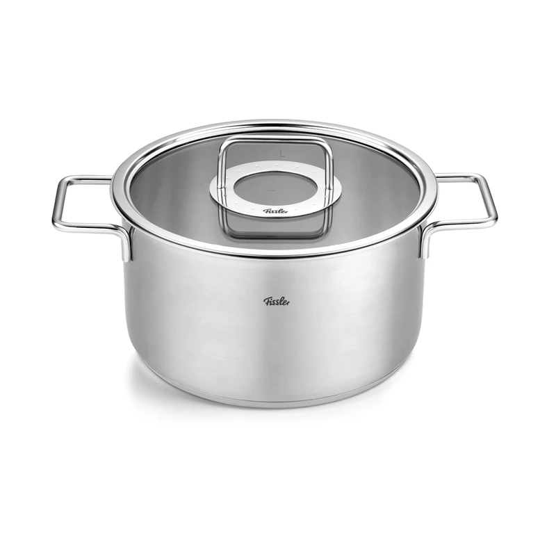 Fissler Pure Collection Stainless Steel Stewing Pot (24 cm, 5.7 L) with Glass Lid and Inner Graduation, Induction Friendly, Silver
