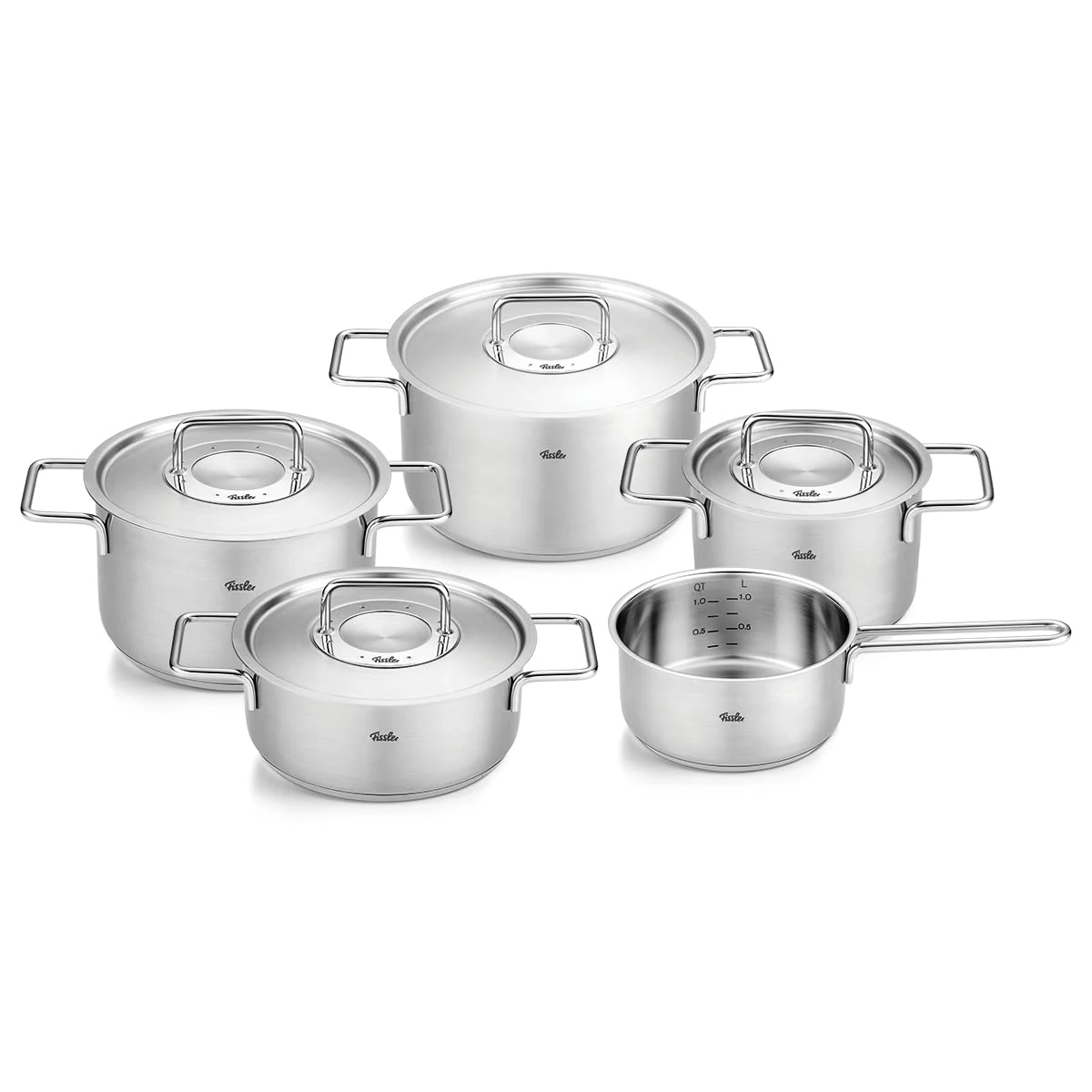 Fissler Pure Collection 5-Piece Stainless Steel Saucepan Set with Metal Lids (3 Saucepans, 1 Stewing Pan 1 Saucepan) Induction