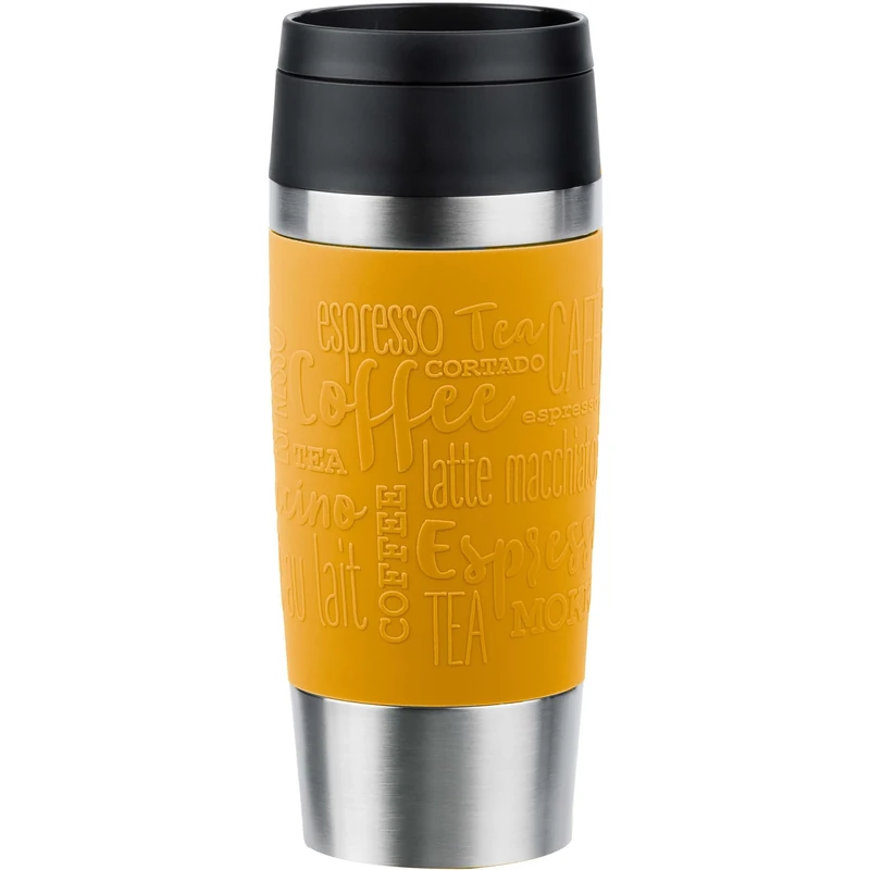 Emsa N20208 Travel Mug Classic Insulated Mug 0.36 litres Comfort Screw Cap Stainless Steel 4 Hours Hot and 8 Hours Cold 100% Leak-Proof Dishwasher Safe 360° Drinking Opening Mustard Yellow