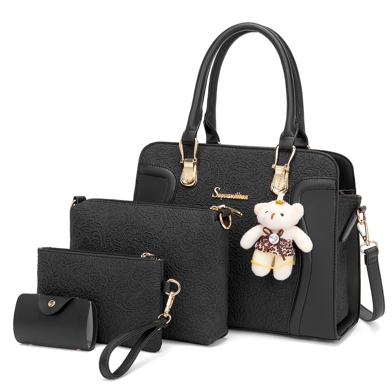 Soperwillton Women's Fashion Handbags Tote Bags Shoulder Bag Top Handle Satchel Purse Set 4pcs, F-black, L