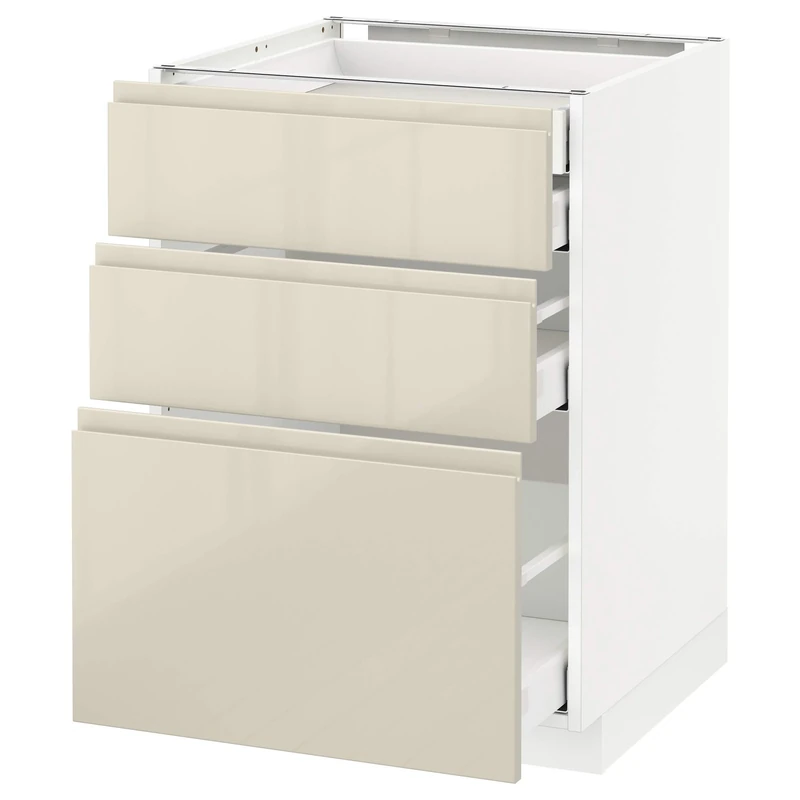 IKEA METOD/MAXIMERA Base cb 3 frnts/2 Low/1 md/1 hi drw, 60x60 cm, White/Voxtorp high-Gloss Light Beige