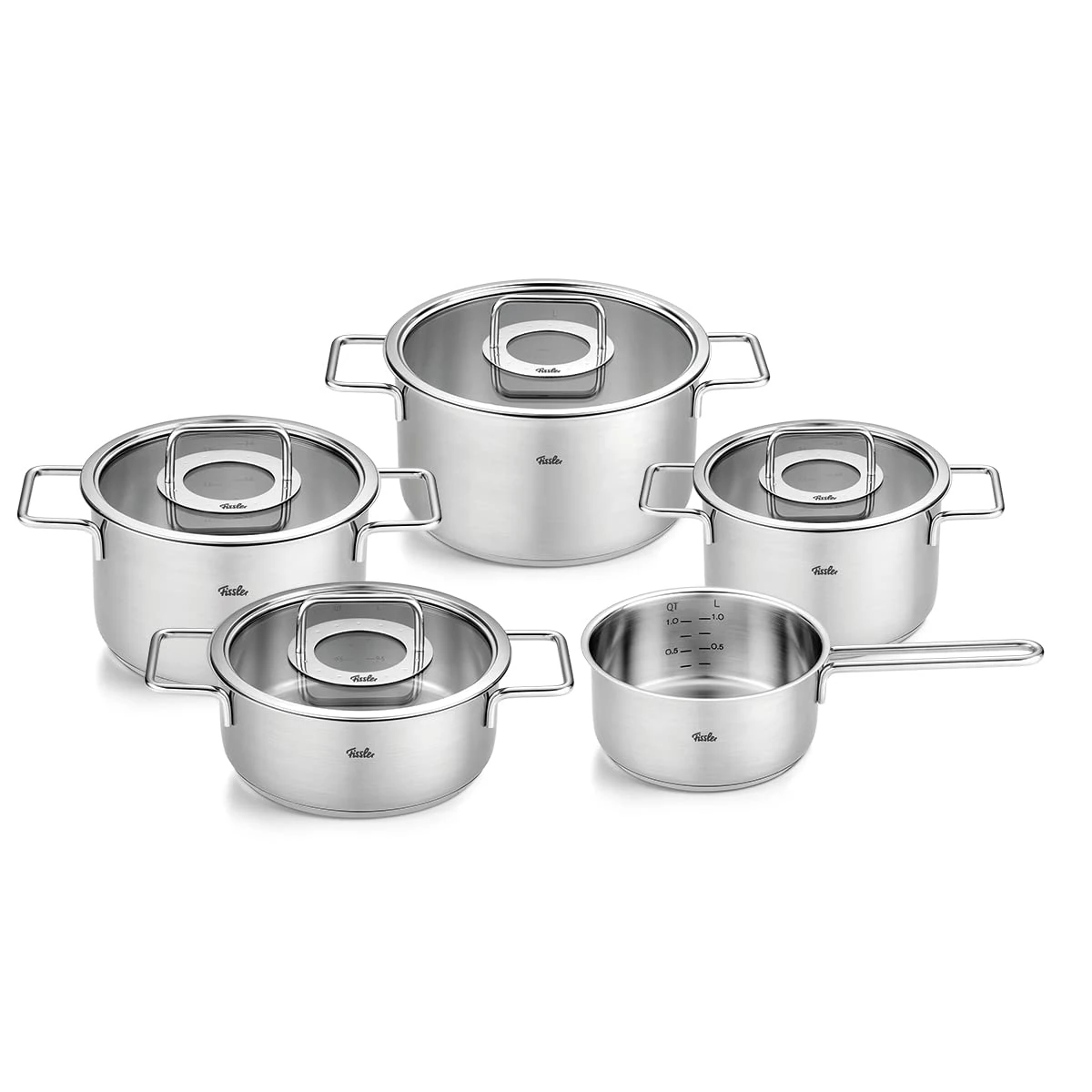 Fissler Pure Collection 5-Piece Stainless Steel Saucepan Set with Glass Lids (3 Saucepans, 1 Stewing Pan 1 Saucepan) - Induction