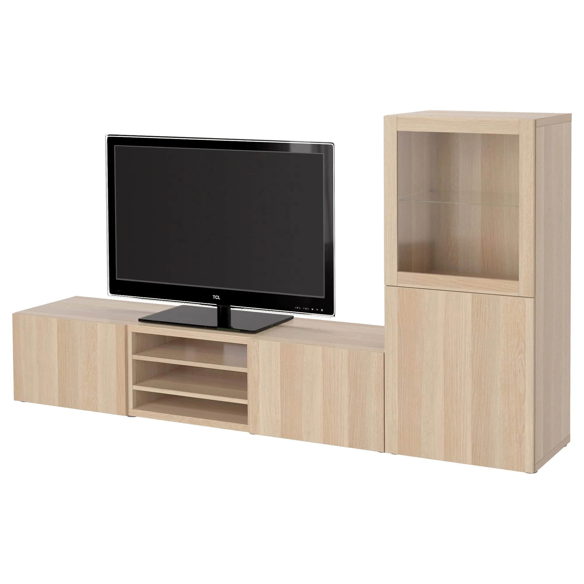 IKEA BESTÅ TV Storage Combination/Glass Doors, 240x42x129 cm, White Stained Oak Effect/Lappviken White Stained Oak eff Clear Glass