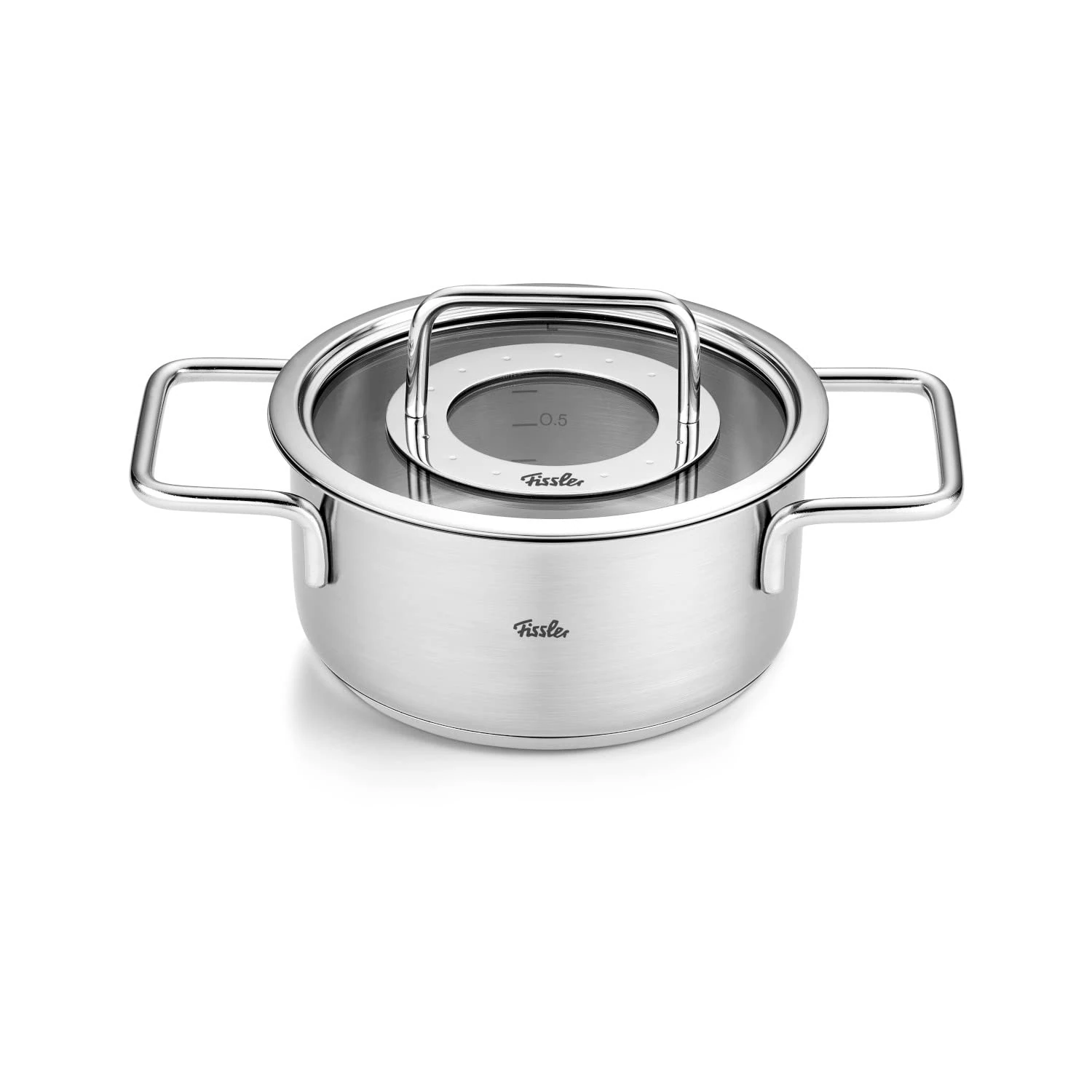 Fissler Pure Collection/Stainless Steel Cooking Pot (Diameter 16 cm, 1.9L) Pots with Glass Lid, Inner Scale - Induction