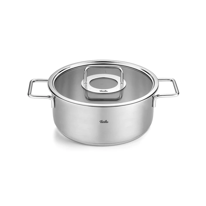 Fissler Pure Collection/Stainless Steel Stewing Pot (Diameter 24 cm, 3.9 L) Pots with Glass Lid, Inner Scale - Induction