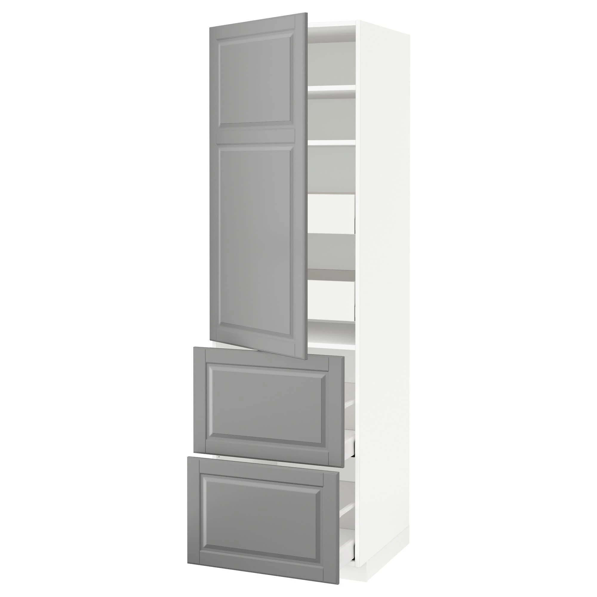 IKEA METOD/MAXIMERA hi cab w shlvs/4 Drawers/dr/2 frnts, 60x60x200 cm, White/Bodbyn Grey