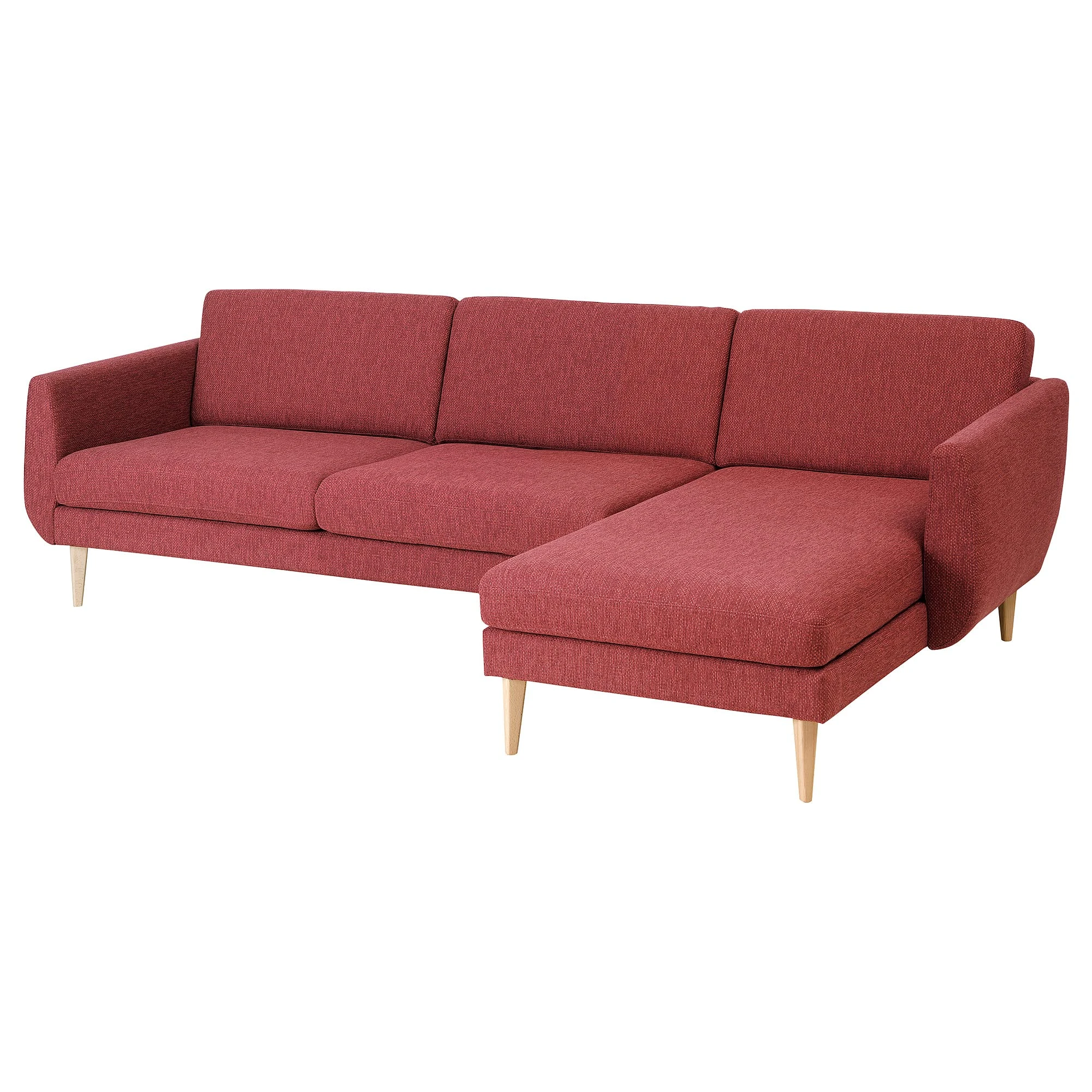 IKEA SMEDSTORP 4-seat Sofa with Chaise Longue, Lejde/red/Brown Oak