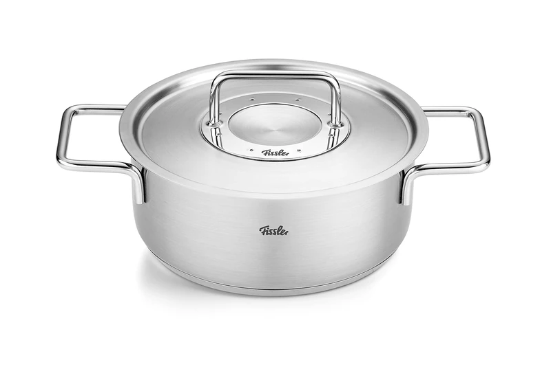 Fissler Pure Collection/Stainless Steel Stewing Pot (Diameter 20 cm, 2.4 L) Pots with Glass Lid, Inner Scale - Induction, Silver
