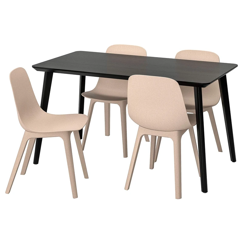 IKEA ODGER/LISABO Table and 4 Chairs, 140x78 cm, Black/Beige
