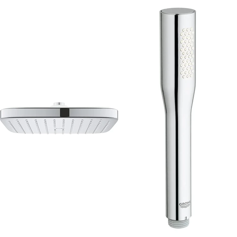 GROHE Vitalio Comfort 250 - Cube Shower Head with Relaxing Rain Spray, Size 25 x 25 cm, Chrome, 26695000 & Vitalio Get Stick – Hand Shower 1 Spray Pattern, Plastic, Chrome, 27458000
