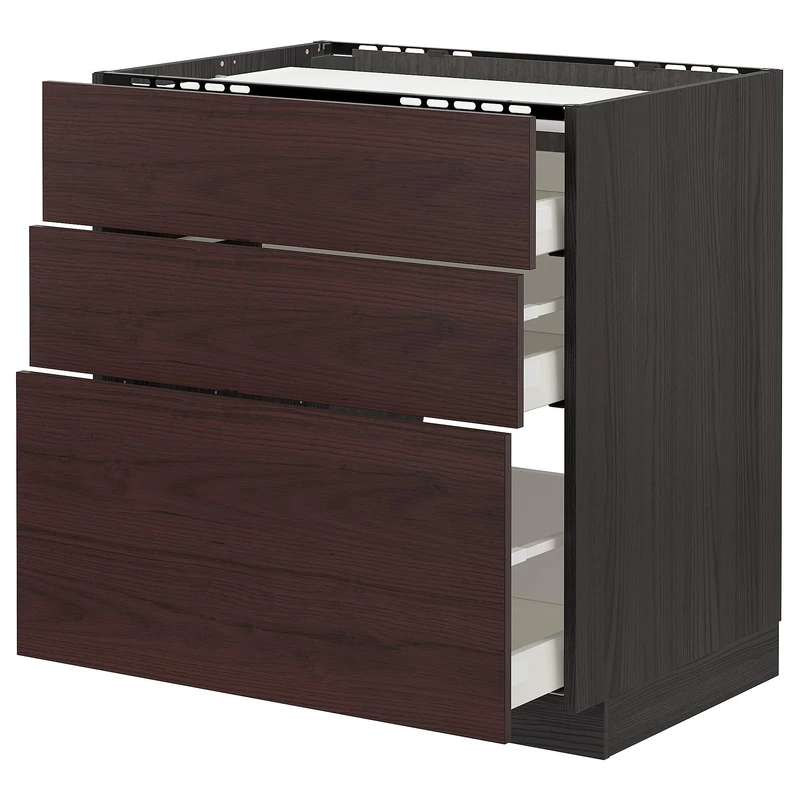 IKEA METOD/MAXIMERA Base cab f hob/3 Fronts/3 Drawers, 80x60 cm, Black Askersund/Dark Brown ash Effect