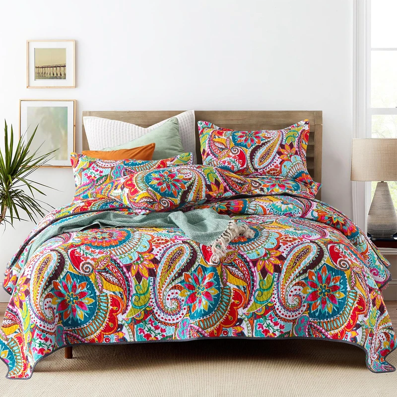 Qucover Cotton Twin Quilts Sets, 2 Piece Multicolor Paisley Pattern Red, Orange, Blue Twin Quilt Bedspread Set with Pillow Shams, 68"x86"