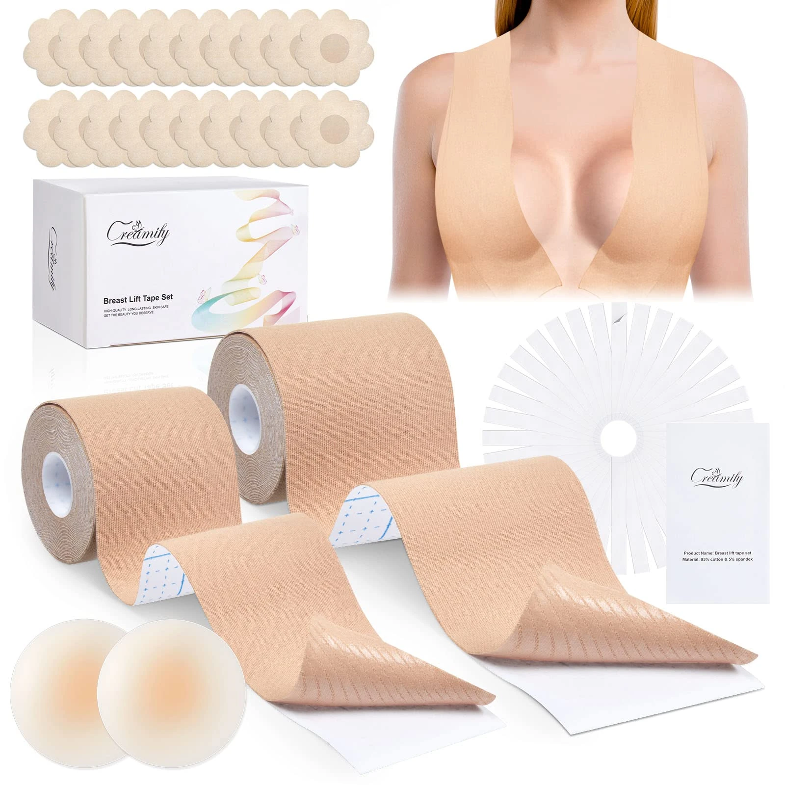 Creamify Boob Tape, Nipple Cover Set for Women, 2 Pack Breast Lift Tape, Adhesive Bra Boobytape for Breast Lift, Multipurpose Pack to Support-Cover Nips, Flesh-coloured, A-D cups