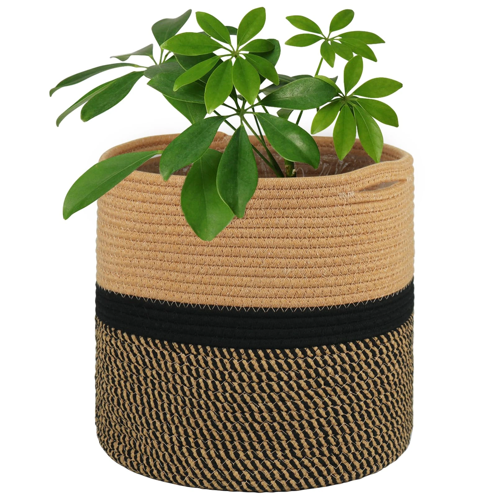 tenn well 30cm Indoor Pot for Plants with Liner, Cotton Woven Storage Basket Large Plant Pots for Indoor Plants, Flower, Laundry Organiser and Home Decoration (Black and Brown)