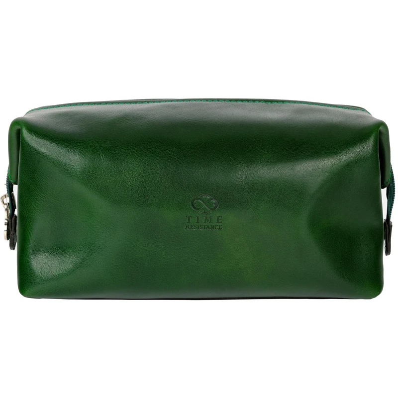 Time Resistance Leather Toiletry Bag Cosmetic Case Italian Classy Dopp Kit Green