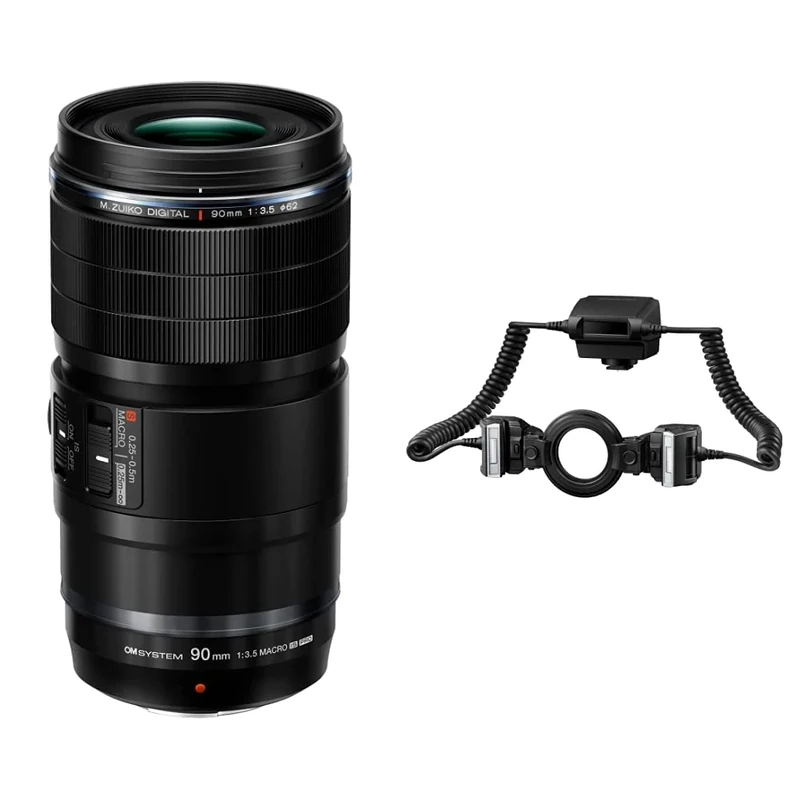 M.Zuiko Digital ED 90mm F3.5 Macro IS PRO tele-macro lens, Micro Four Thirds water-resistant lenss + Olympus STF-8 Macro Flash - Black