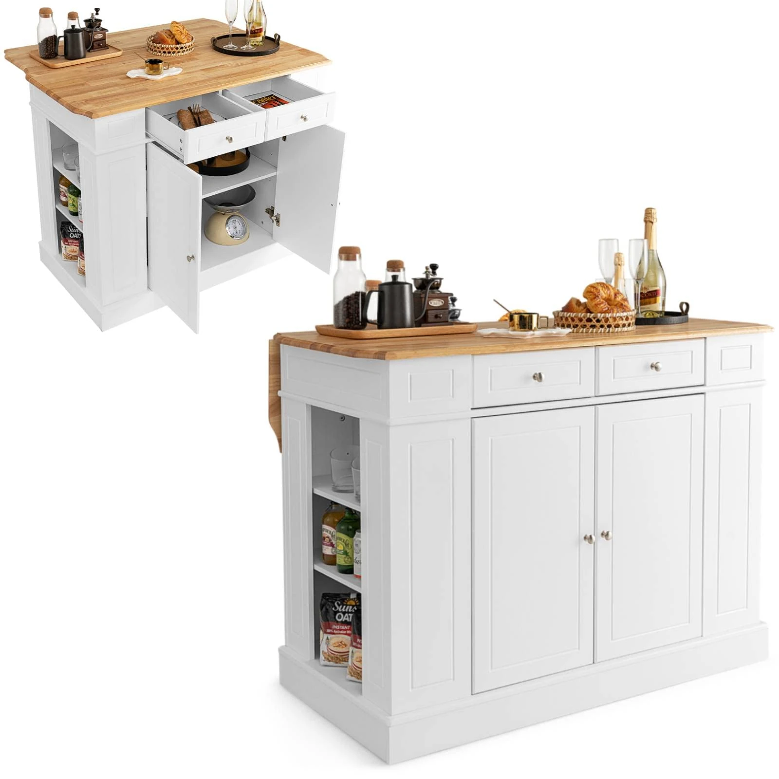 COSTWAY Drop-Leaf Kitchen Island, Storage Sideboard Cabinet with Extendable Rubber Wood Top, Drawers, Adjustable Side Racks & Shelves, Home Dining Room Cupboard Organiser, 120x90x92cm (White)