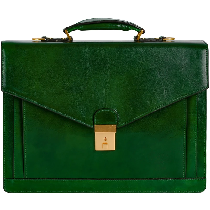 Time Resistance Leather Briefcase - Full Grain Leather Bag for Men - Business Attache - Shoulder Bag for a Laptop (Green)