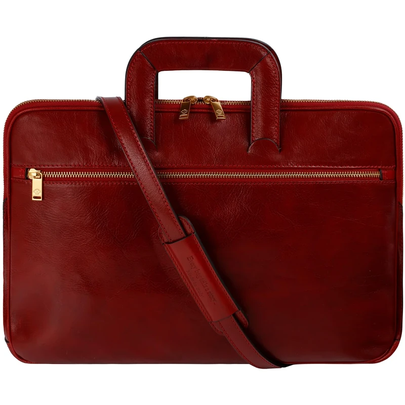 Time Resistance Slim Leather Briefcase - Italian Handmade Leather Computer Bag - Laptop Bag (Red)