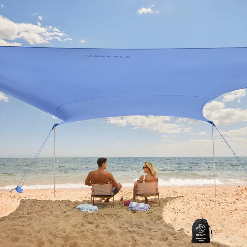 WEKAPO Beach Tent Sun Shelter - 9 x 10 FT Beach Canopy with 4 Lengthened Poles, Large Sandbags and Shovel, 7'1'' Tall, Beach Sun Shade for Family Vacation and Camping, UPF 50+ Protection