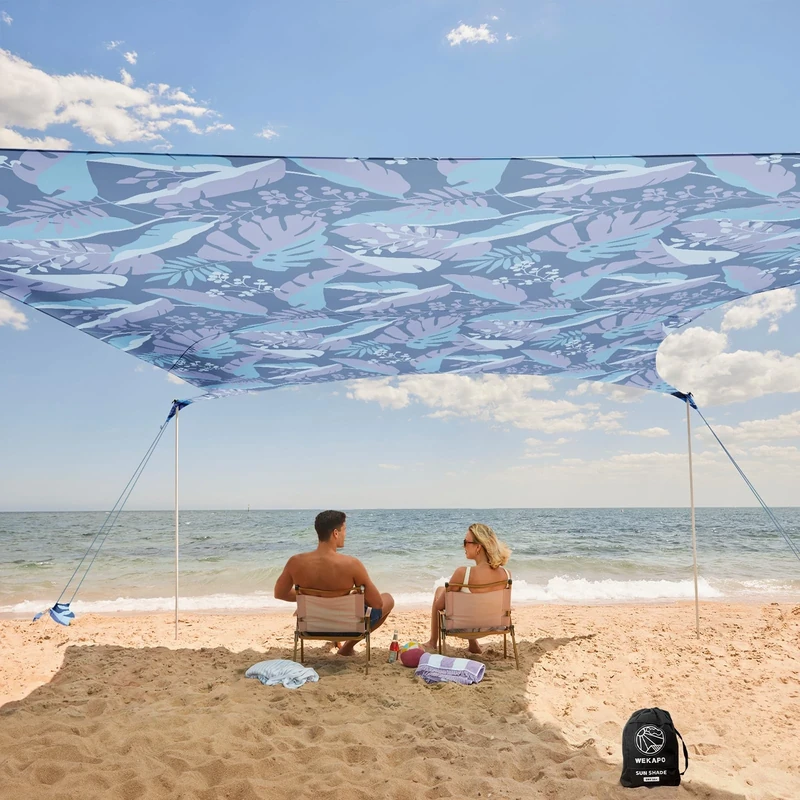 WEKAPO Beach Tent Sun Shade Easy Assemble with 4 Sturdy Poles, Large Sandbags and Shovel, 7ft High, Windproof Awning for Garden and Camping, UPF 50+ Protection