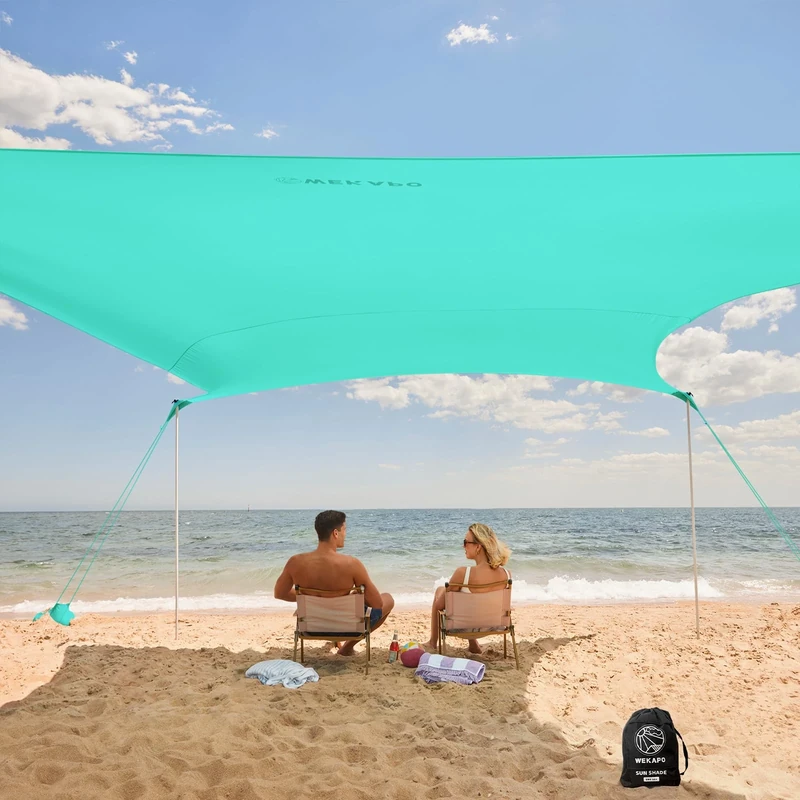 WEKAPO Beach Tent Sun Shelter, 8 x 8 FT Beach Canopy with 4 Lengthened Poles, 6'7'' Tall, Beach Vacation Sun Shade for Family and Camping, UPF 50+ Protection, Turquoise