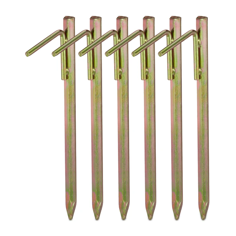 Relaxdays Tent Pegs Set of 6, Ground Anchor for Hard Soil, Camping, Galvanised Steel Hooks, Metal, Durable, 30cm, Gold, 30 x 9 x 1.5 cm