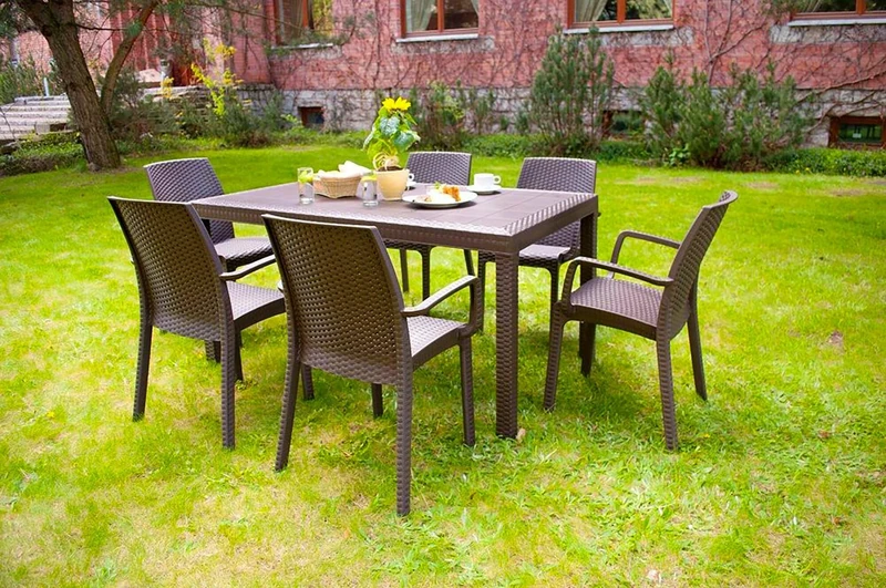 Dmora - Outdoor table Giove, Rectangular garden table, Rattan effect multipurpose garden table, 100% Made in Italy, 150x90h74 cm, Brown