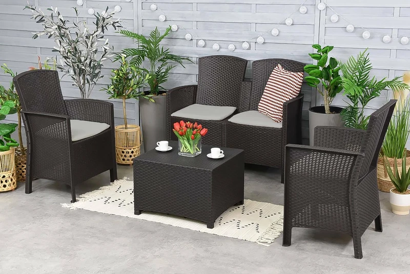 Dmora - Outdoor lounge set Urano, Garden set with cushions, Rattan effect indoor lounge set, 100% Made in Italy, Anthracite