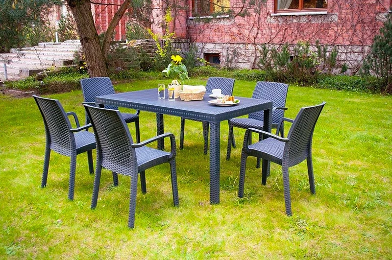 Dmora - Outdoor table Giove, Rectangular garden table, Rattan effect multipurpose garden table, 100% Made in Italy, 150x90h74 cm, Anthracite