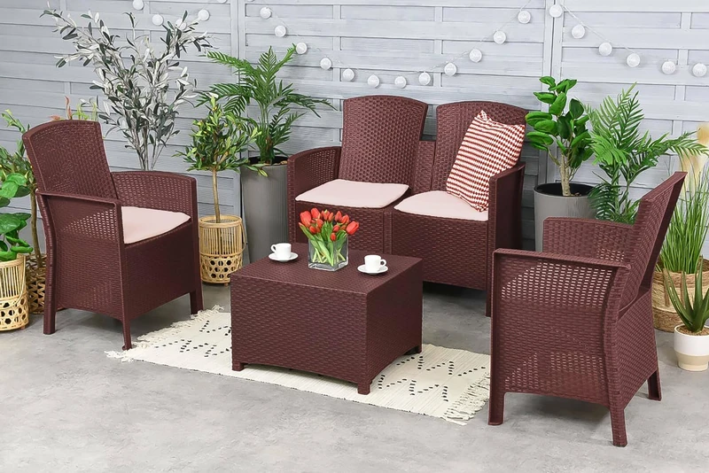 Dmora - Outdoor lounge set Urano, Garden set with cushions, Rattan effect indoor sitting area, 100% Made in Italy, Brown