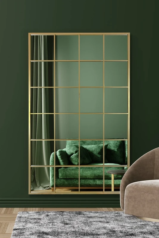 MirrorOutlet The Fenestra - Gold Modern Window Full Length Leaner/Wall Mirror 69" X 43" (174CM X 110CM) Silver Mirror Glass with Gold Metal Frame