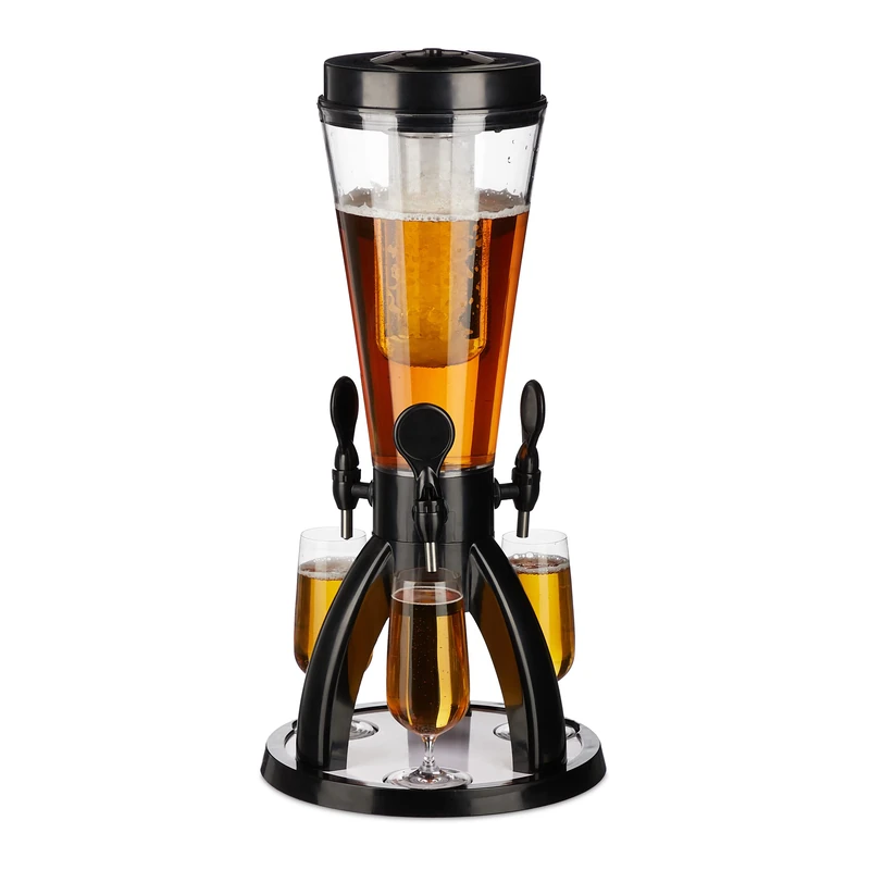 Relaxdays Beer Tower with 3 Taps, 4 litres, Drinks Dispenser with Cooler, for Garden, Party Accessory, Transparent/Black