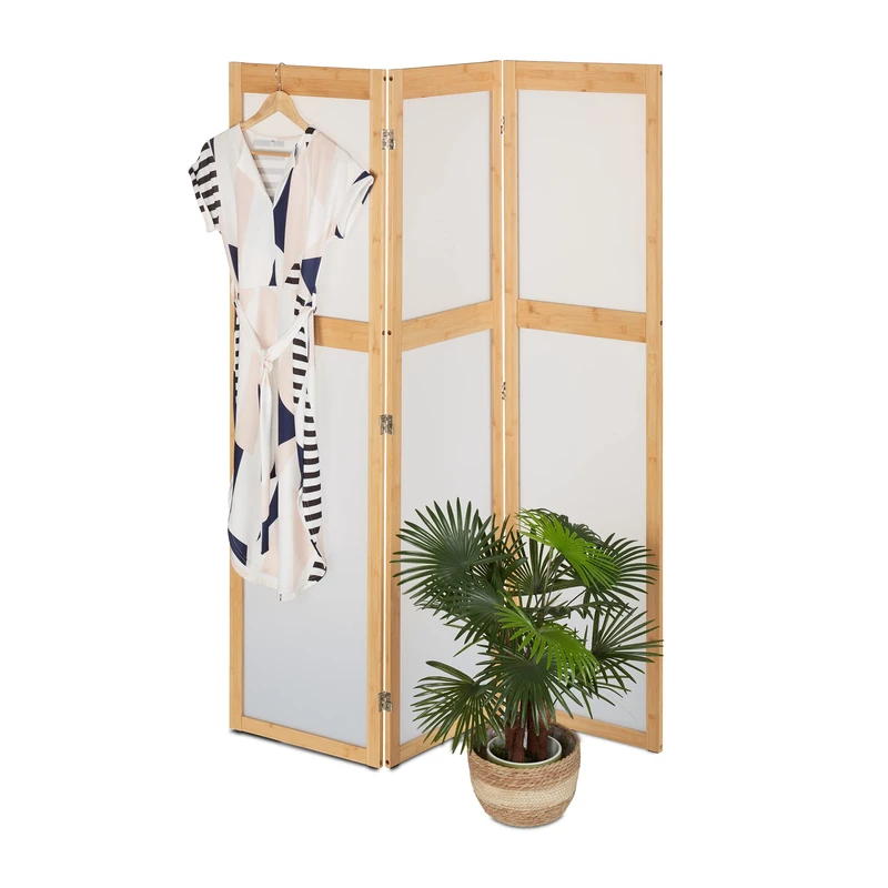 Relaxdays Folding Screen, 3 Panels, Room Divider, HxW: 168 x 135.5 cm, Partition Wall, Plastic & Bamboo, Natural/White, 80% 20% - Image 1