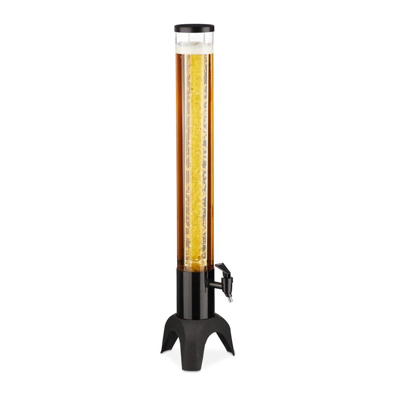 Relaxdays Tall Beer Tower with Tap, 2.5 litres, Drinks Dispenser with Cooler, for Garden, Parties & Camping, Clear/Black