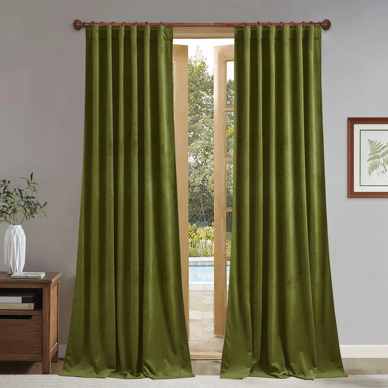 StangH Olive Green Curtains - Super Soft Velvet Room Darkening Drapes 90 inches Back Tab Home Decoration for Living Dining Room/Nursery Bedroom, W52 x L90, 2 Panels