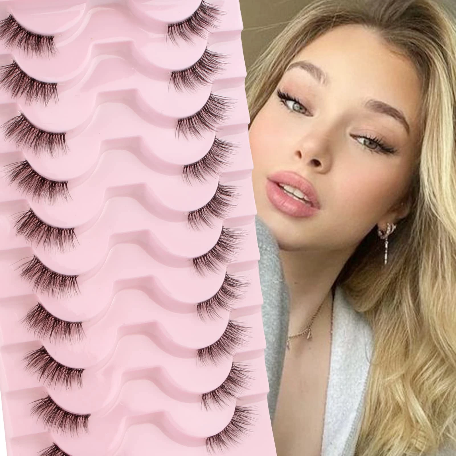 Glowingwin False Lashes Half Lashes Wispy Cat Eye Lashes with Clear Band Natural Transparent False Eyelashes 10 Pairs Handmade Corner Lashes 3/4 Strip Lashes Mink Fluffy Fake Lashes