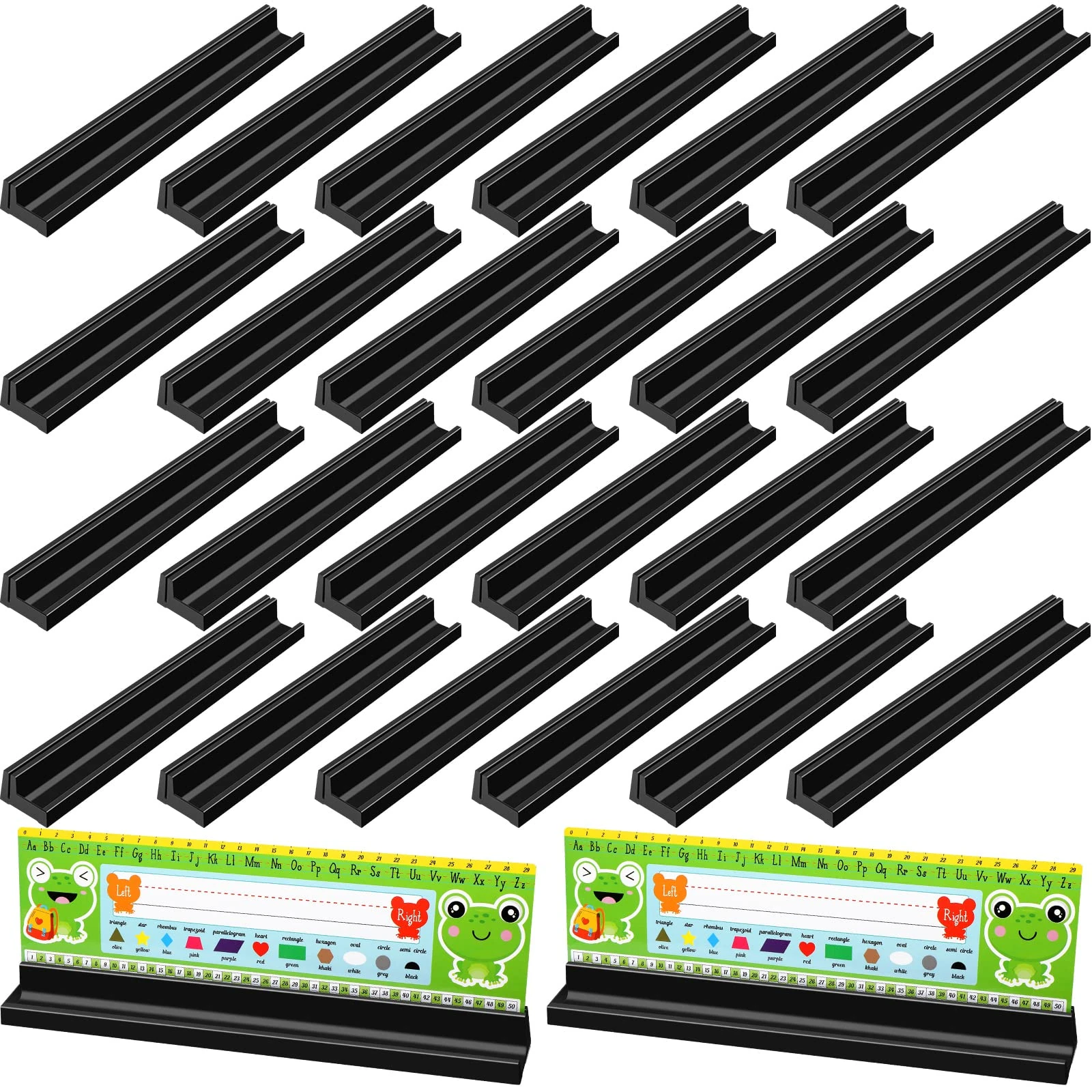 Name Plates Holder for Desk Self Adhesive and Removable Nameplate Stand with Pen Holder Black Plastic Name Tag Holder with Adhesive Grip for Classroom School, 1.5 x 12 x 1 Inch (24 Pieces)