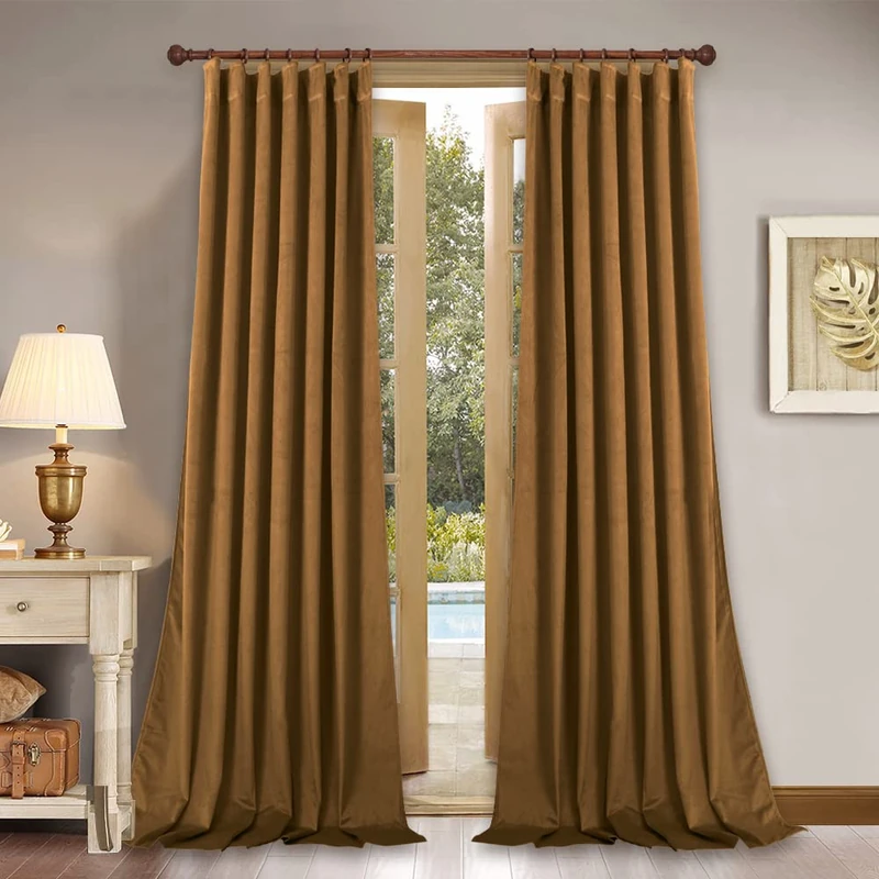 StangH Gold Brown Velvet Curtains Boho Fall Back Tab, W52 x L90, 2 Panels