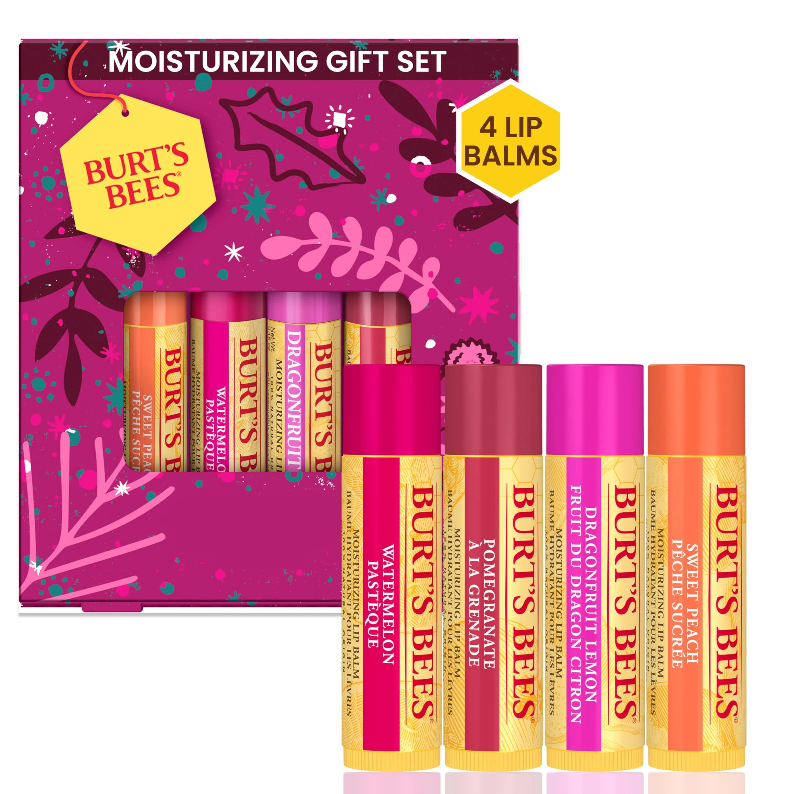 Burt's Bees Lip Balm Gift Set, Lip Balm Multipack, Sweet Peach, Watermelon, Pomegranate and Dragonfruit Lemon, 4x4.25g