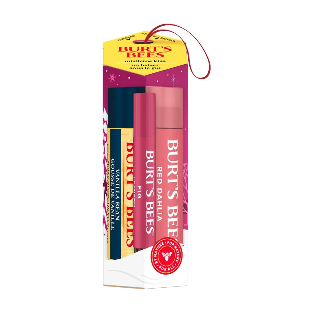 Burt's Bees Gift Set, Moisturising Lip Balm, Tinted Lip Balm and Lip Shimmer, Mistletoe Kiss Red Limited Edition