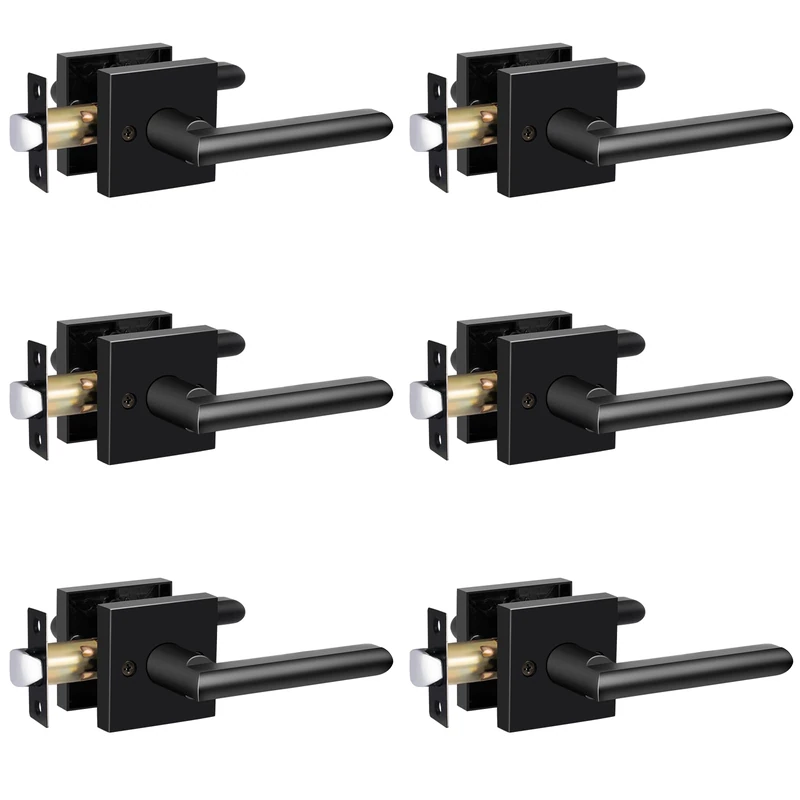 HOSOM Passage Door Lever, Square Door Handle Set for Hallway, Matte Black, 6 Pack