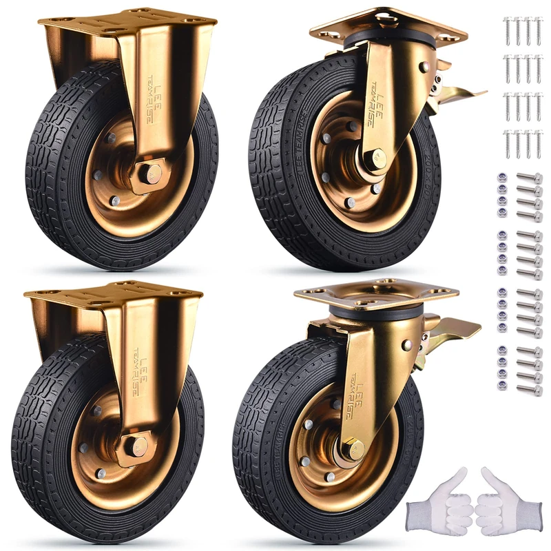 Fixed Casters Set of 4 Heavy Duty 8 Inch Plate Swivel Industrial Solid Rubber Rigid Caster Wheels for Cart Workbench Outdoor Castors Dual Locking Replacement 3200Lbs Load Capacity Bolts Screws Include