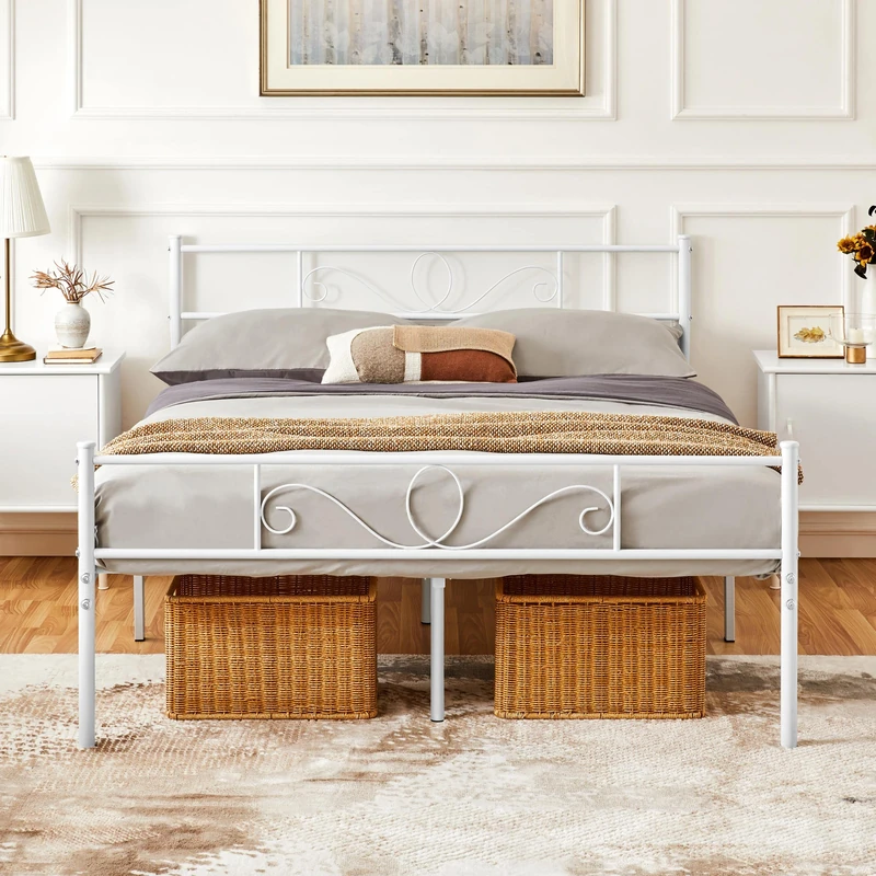 Yaheetech Double Bed in Wrought Iron Slatted Metal Bed Frame 140 x 200 cm Elegant Headboard Rustic Modern White