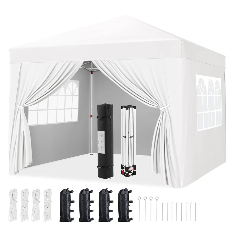 Yaheetech Pop-Up Gazebo 3x3m with 4 Removable Side Panels, Silver-costed Oxford Marquee Canopy with Wheeled Bag & Sandbags, Metal Frame Shelter Tent for Outdoor Garden Party Camping, White