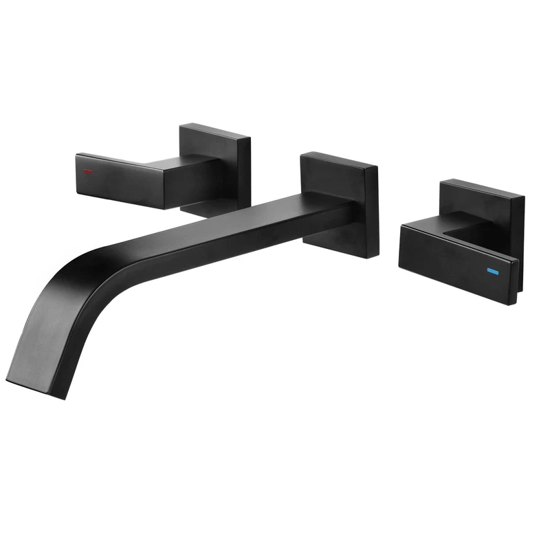 CHALIRS Brass Wall Mount Bathroom Faucet Matte Black Wall Mounted Basin Faucet with Double Lever Handle Rough Valve
